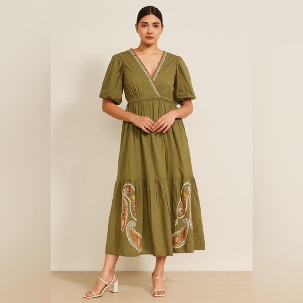 Kings Road Olive Green Cotton Embroidered‎ Midi Dress 1X Boho Cottagecore